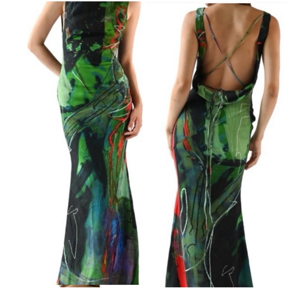 YLLW Abstract Green Sleeveless Maxi Dress - Artistic Print NWT